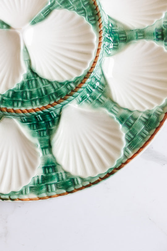 antique french large green basketweave oyster platter