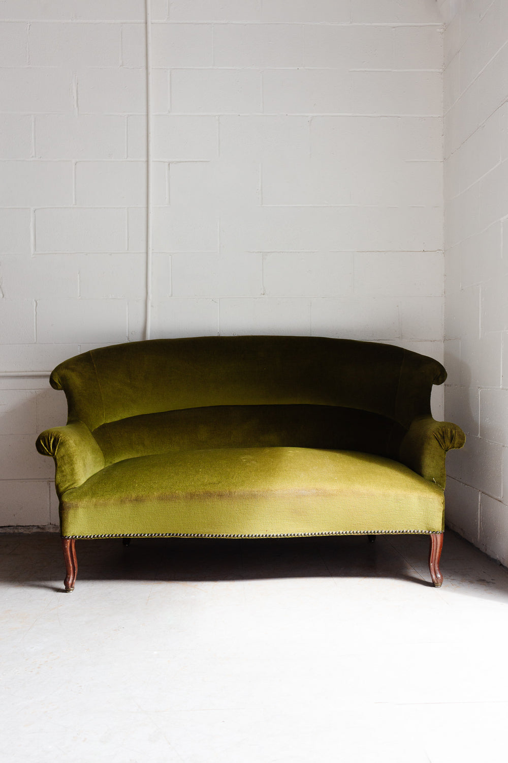 antique french olive green crapaud banquette