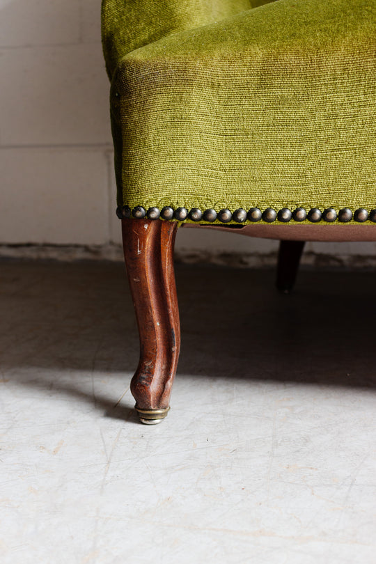antique french olive green crapaud banquette