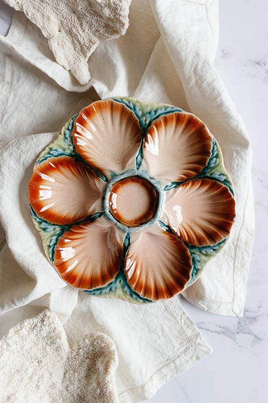rare antique french Sarreguemines pink & burgundy majolica oyster plate