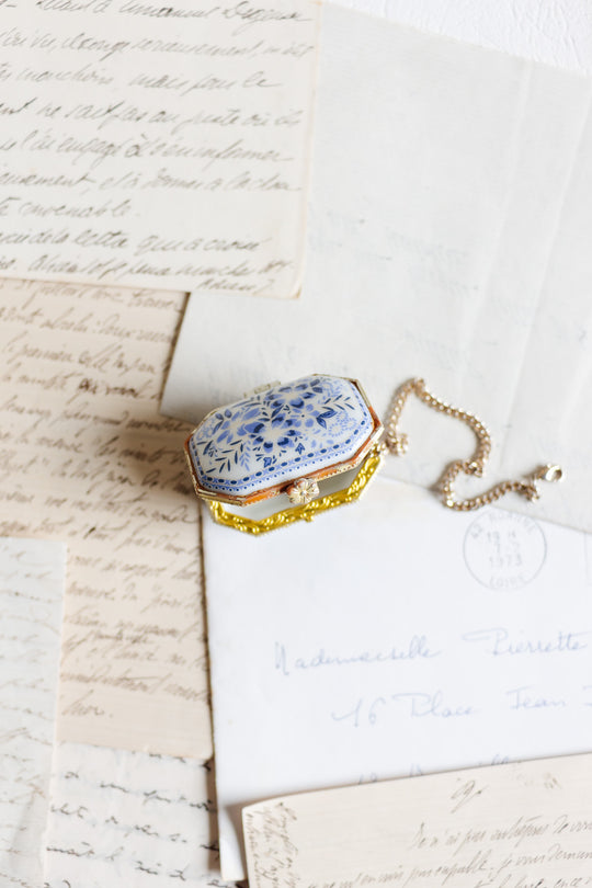 vintage french blue and white porcelain pill box