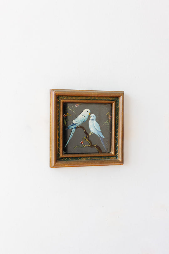 rare pair of 1940s French glass paintings, “oiseaux sur verre”