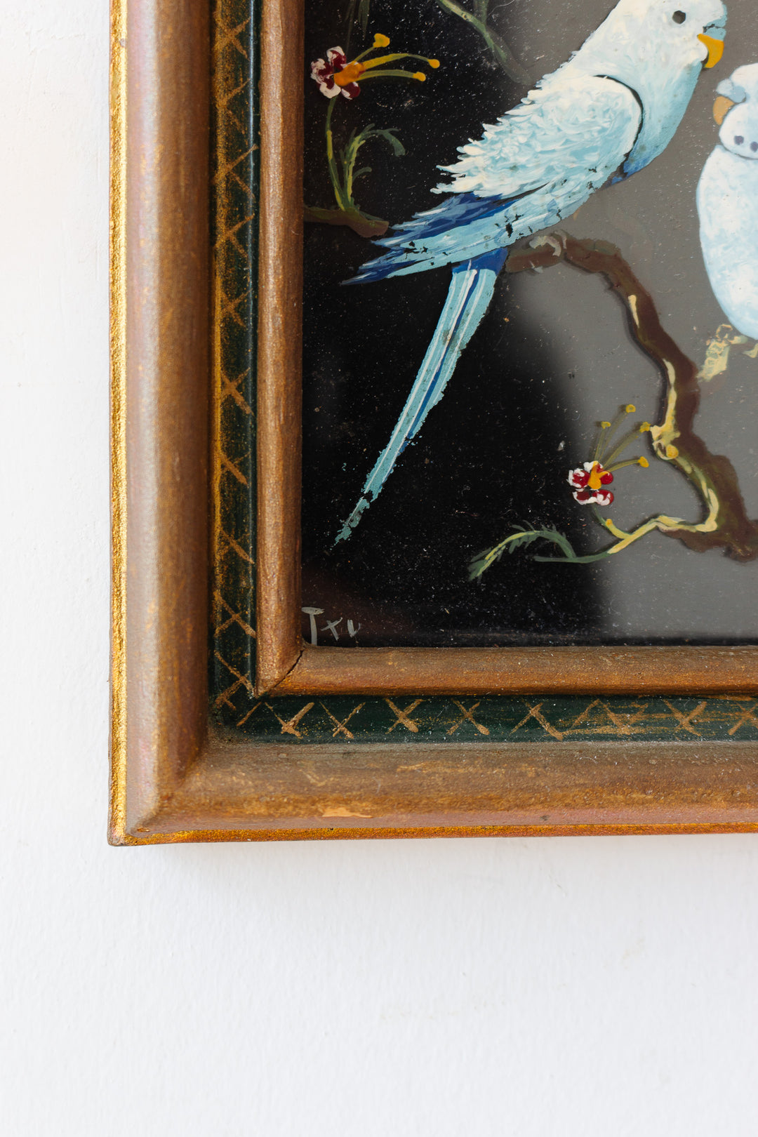 rare pair of 1940s French glass paintings, “oiseaux sur verre”