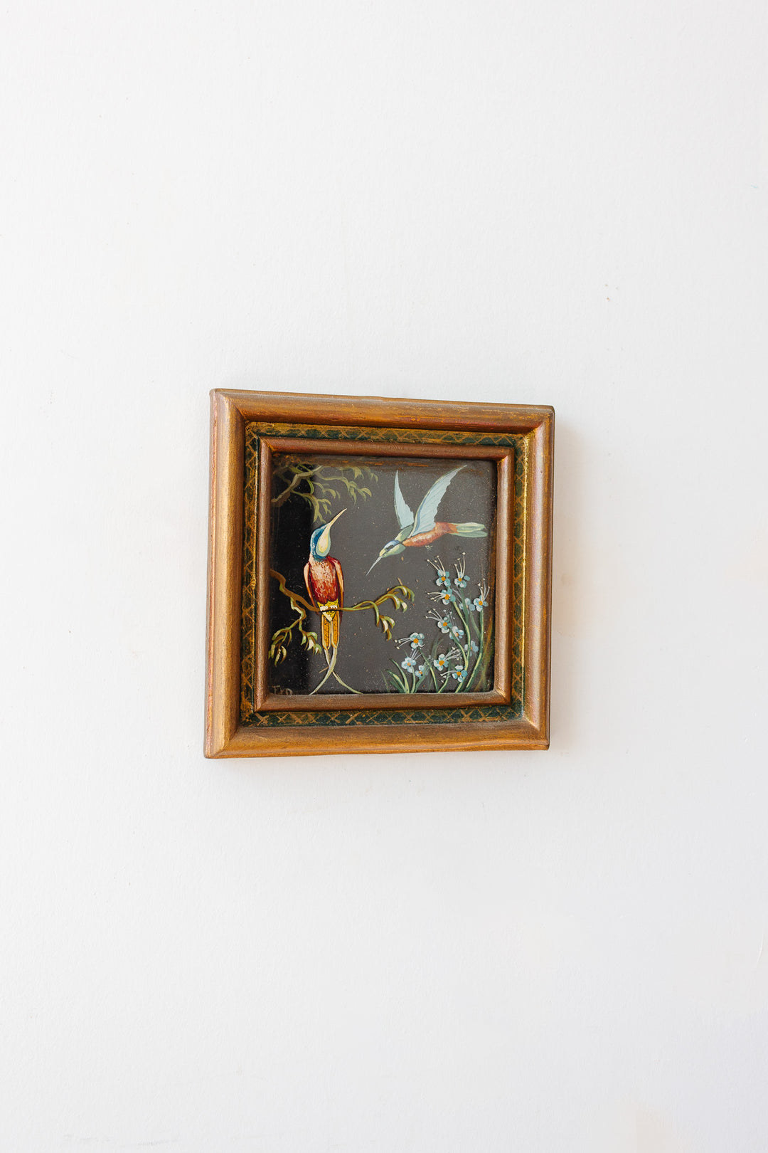 rare pair of 1940s French glass paintings, “oiseaux sur verre”