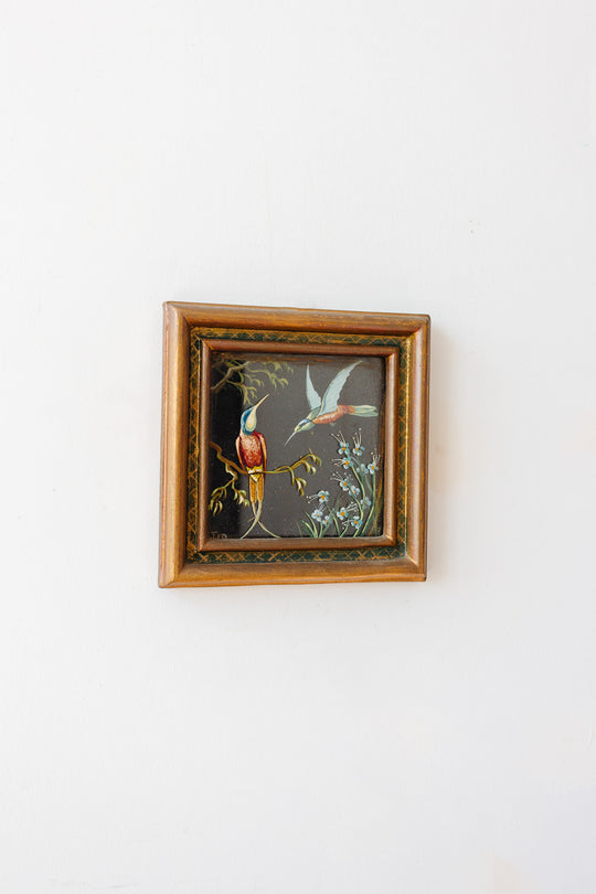 rare pair of 1940s French glass paintings, “oiseaux sur verre”