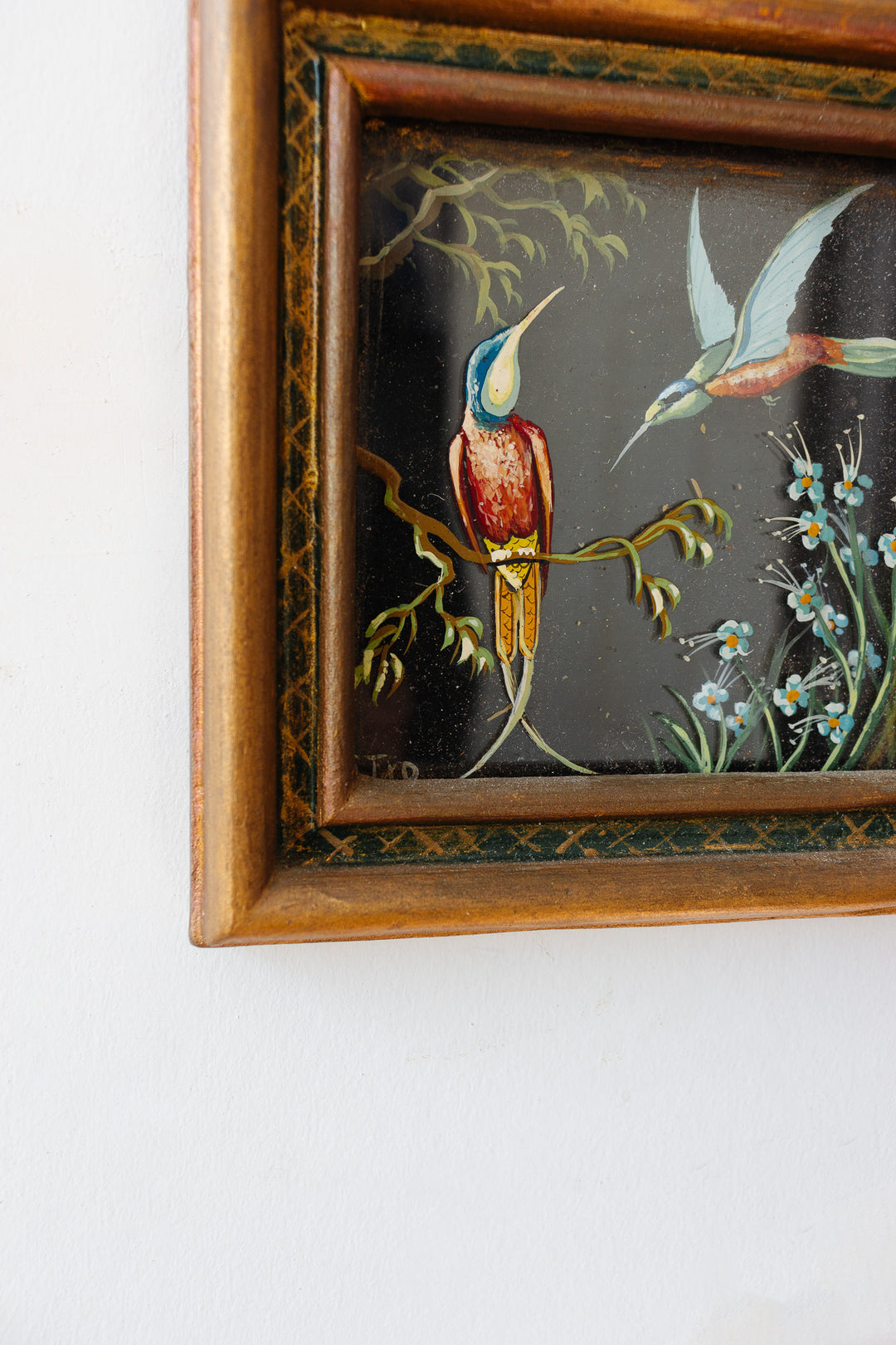 rare pair of 1940s French glass paintings, “oiseaux sur verre”