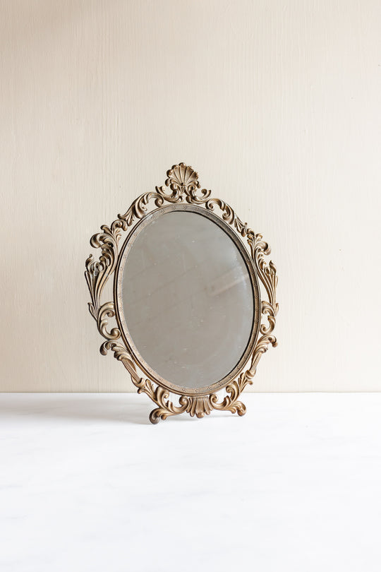 vintage french petite brass mirror with cornice top