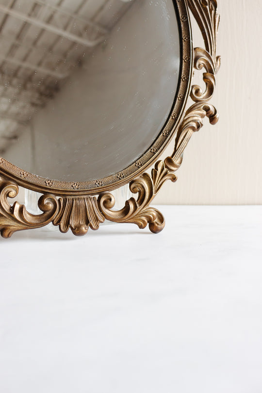 vintage french petite brass mirror with cornice top