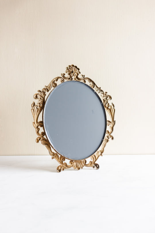 vintage french petite brass mirror with cornice top