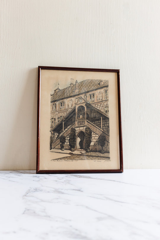 set of 1940s French framed lithographs, “le vieux Mulhouse”