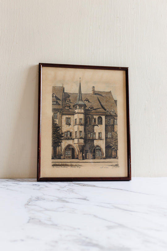 set of 1940s French framed lithographs, “le vieux Mulhouse”