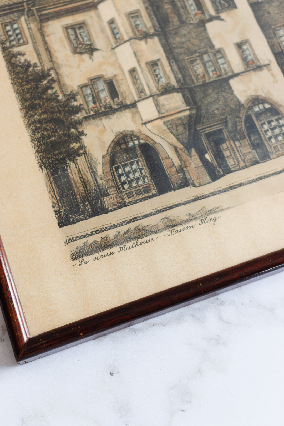 set of 1940s French framed lithographs, “le vieux Mulhouse”