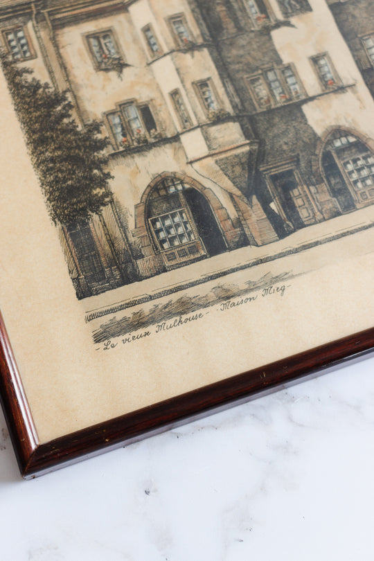 set of 1940s French framed lithographs, “le vieux Mulhouse”