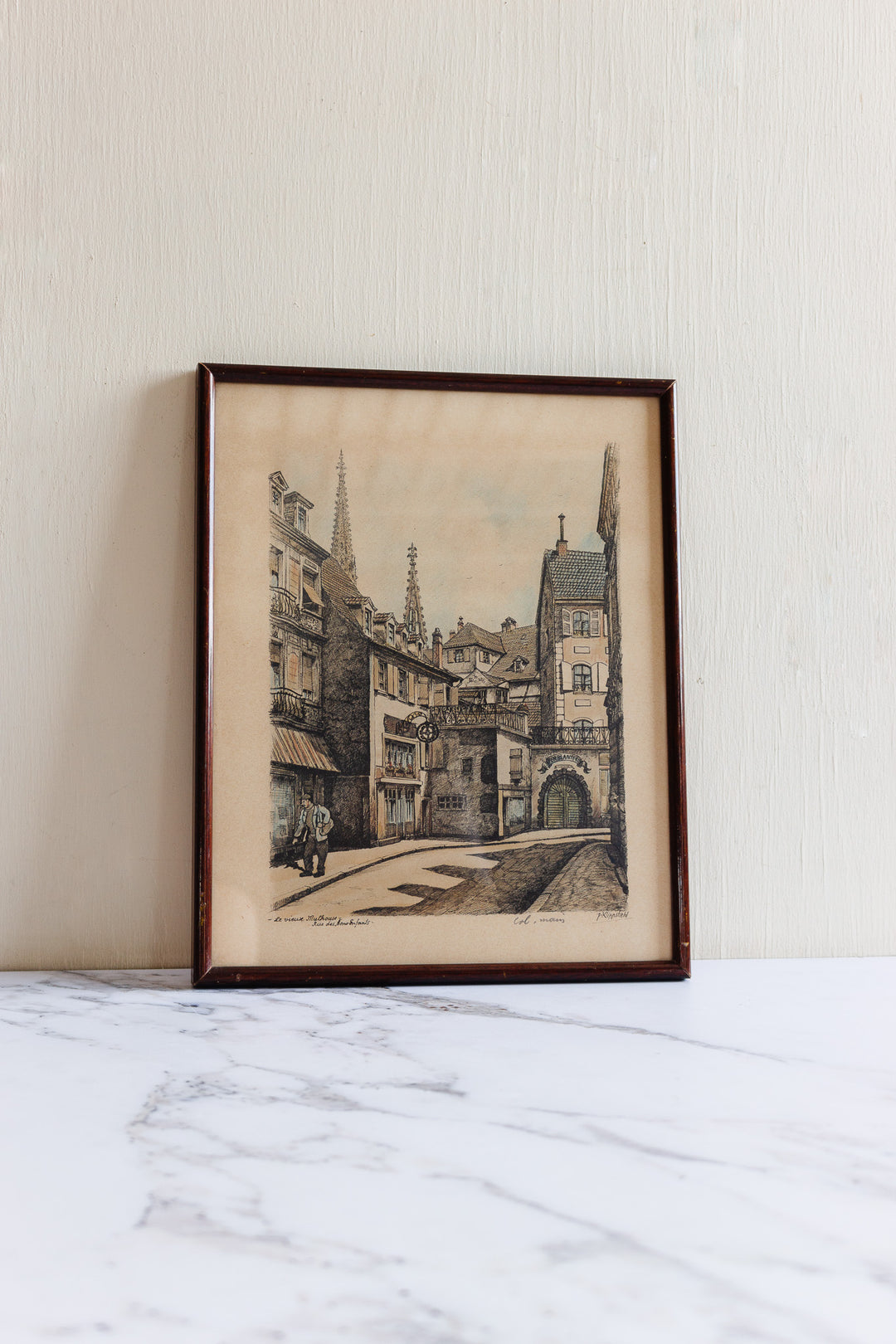 set of 1940s French framed lithographs, “le vieux Mulhouse”