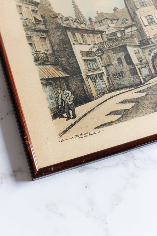 set of 1940s French framed lithographs, “le vieux Mulhouse”