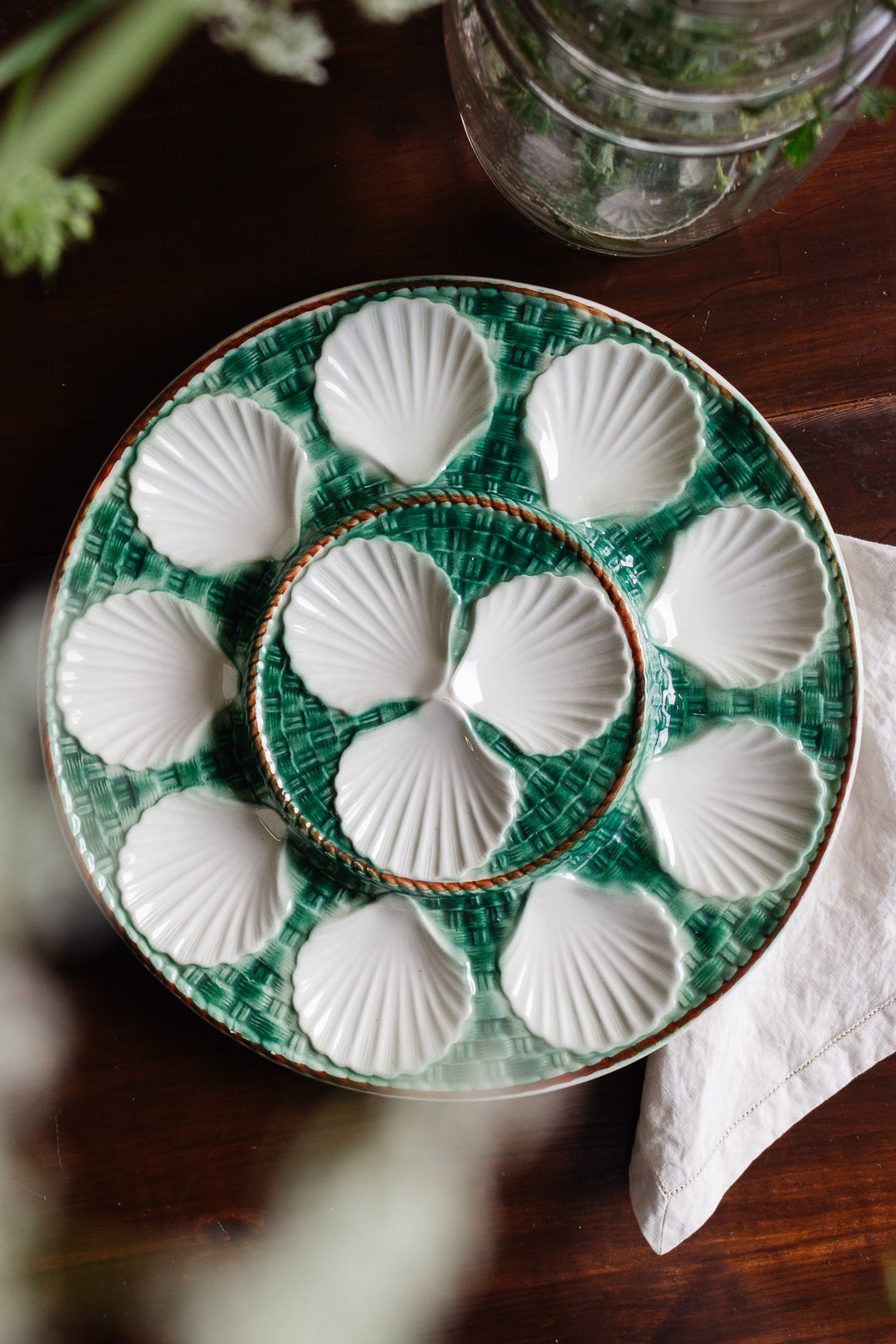 antique french large green basketweave oyster platter