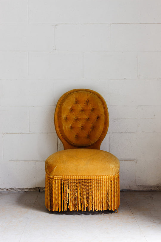 midcentury french golden slipper chair with fringe