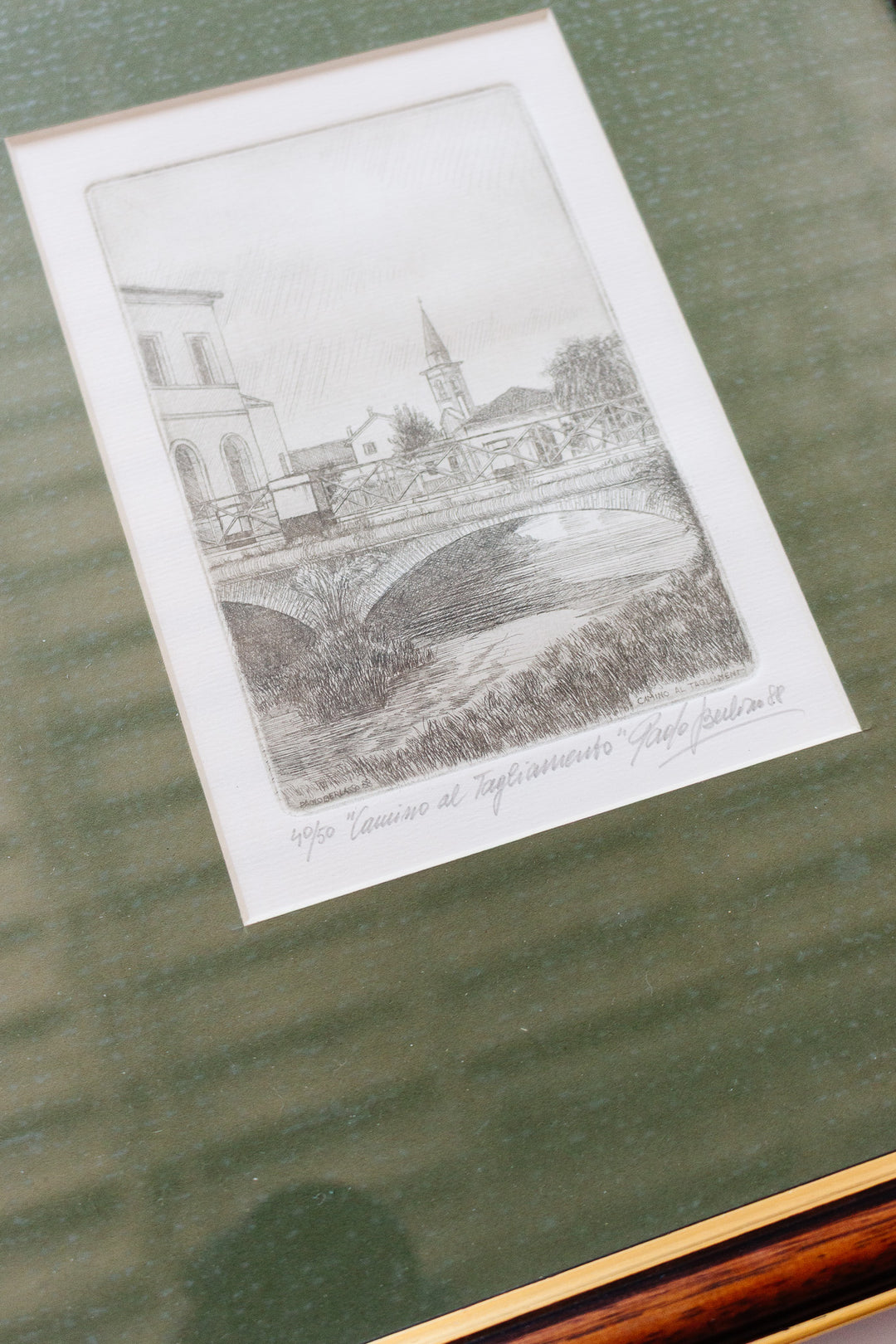 vintage italian woodblock print, Camino al Tagliamento