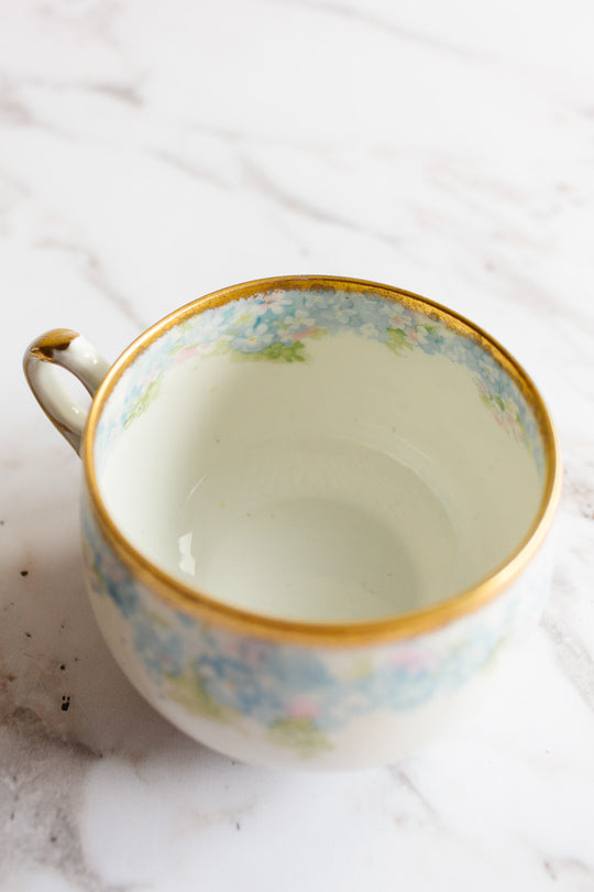 pair of antique limoges handpainted blue and gold teacups
