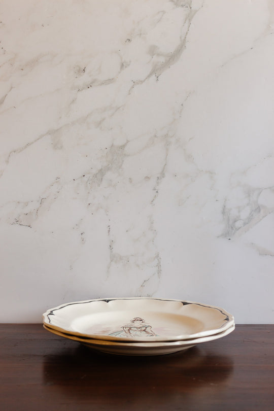 pair of 1920s sarreguemines talking plates, design by j colong