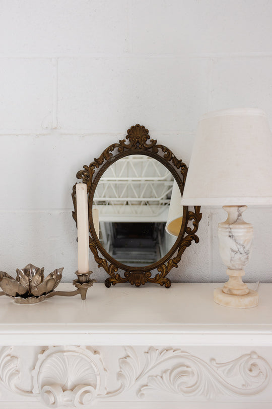 vintage french petite brass mirror with cornice top