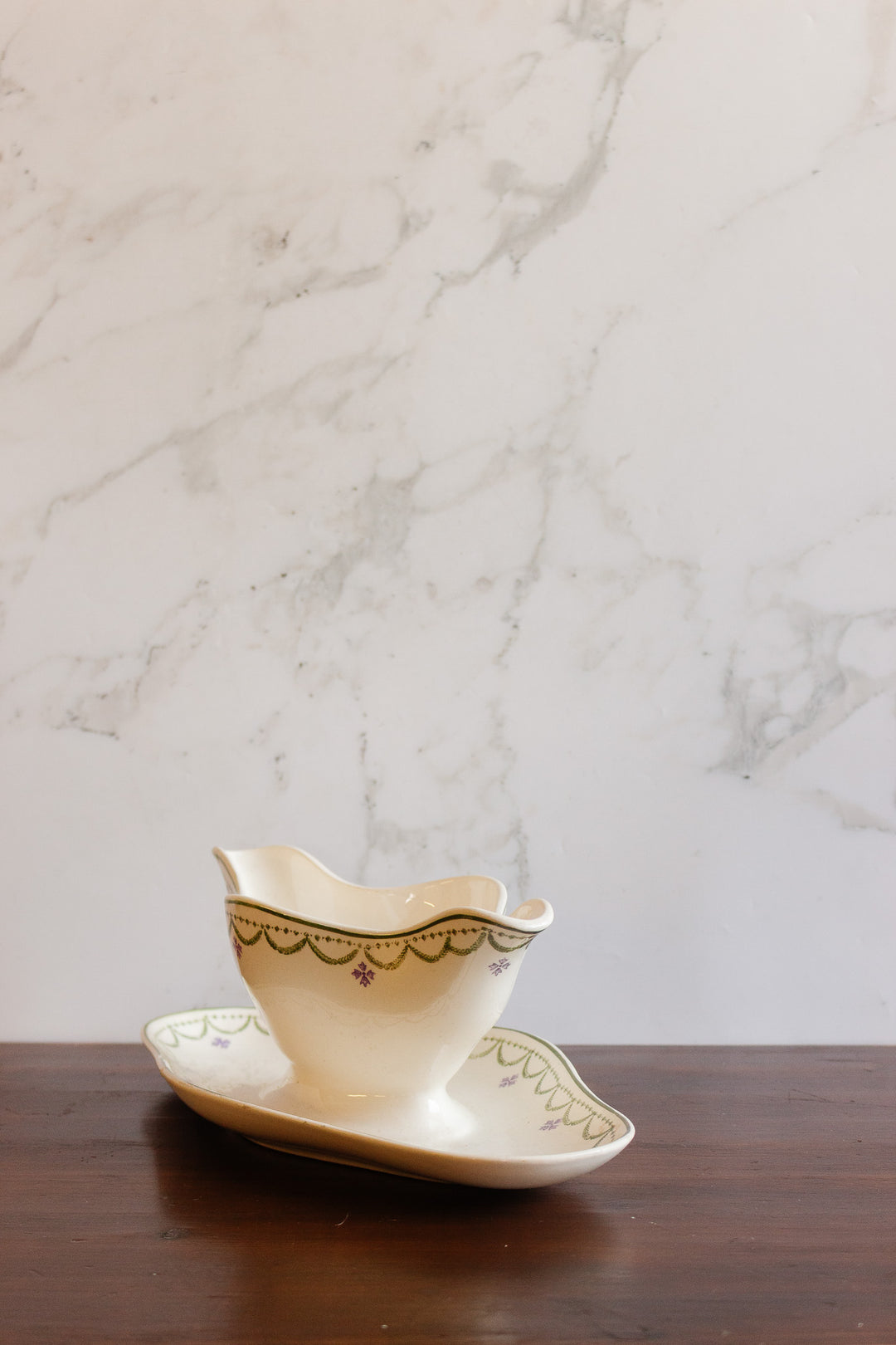 antique french longwy "violetta" gravy boat