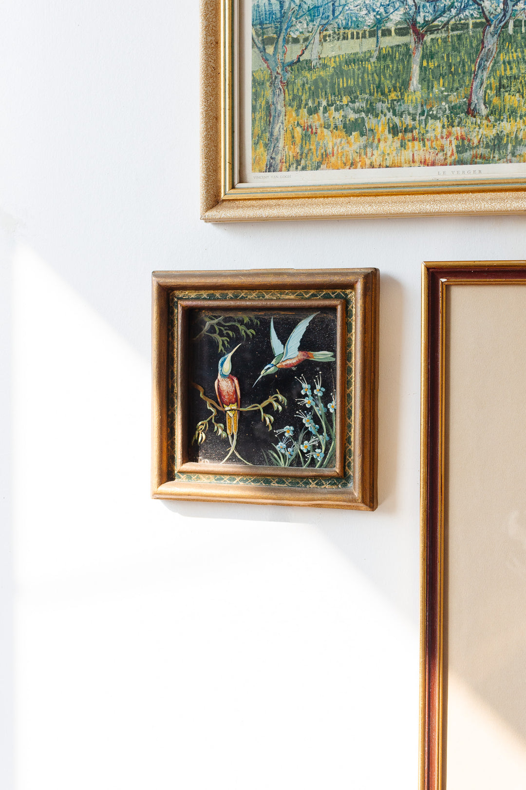 rare pair of 1940s French glass paintings, “oiseaux sur verre”