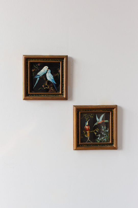 rare pair of 1940s French glass paintings, “oiseaux sur verre”