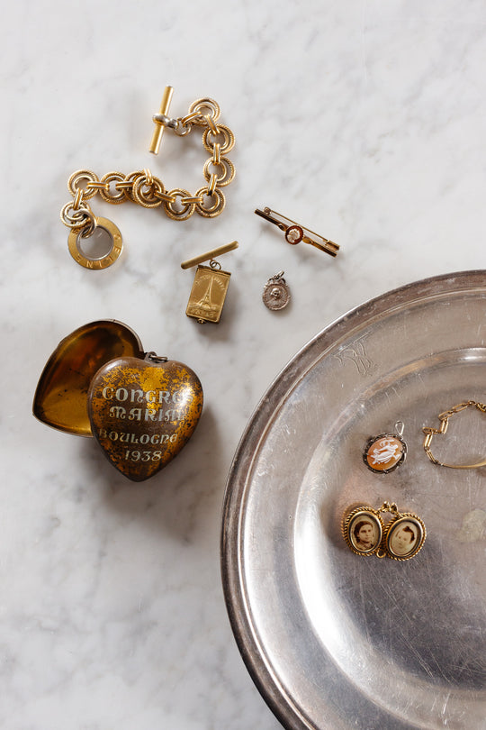 vintage French carved shell and brass cameo bar pin