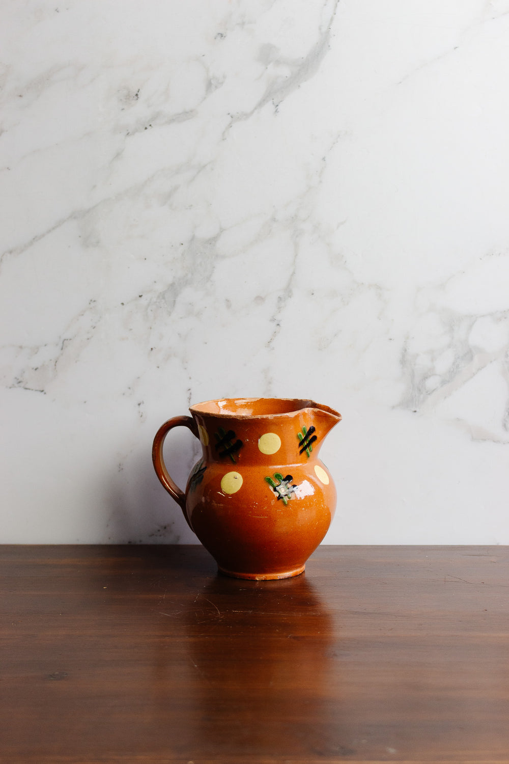 antique french redware spotted pitcher and cup