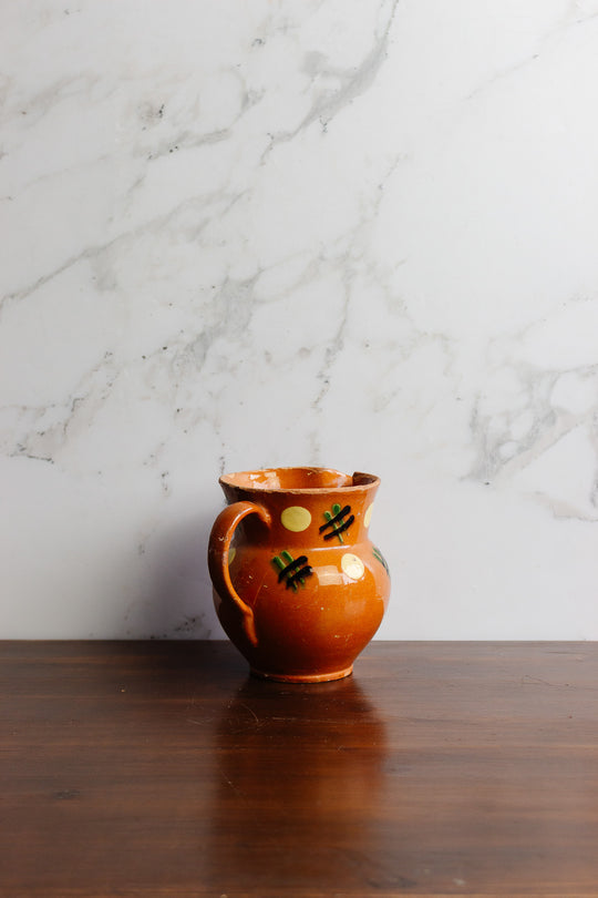 antique french redware spotted pitcher and cup