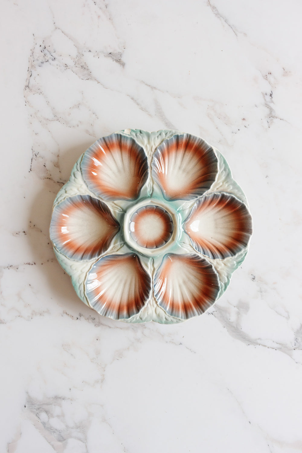 rare 1920s teal and coral Sarreguemines oyster plates, set of 3