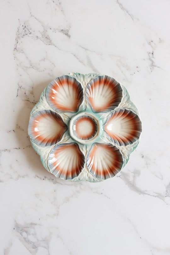 rare 1920s teal and coral Sarreguemines oyster plates, set of 3