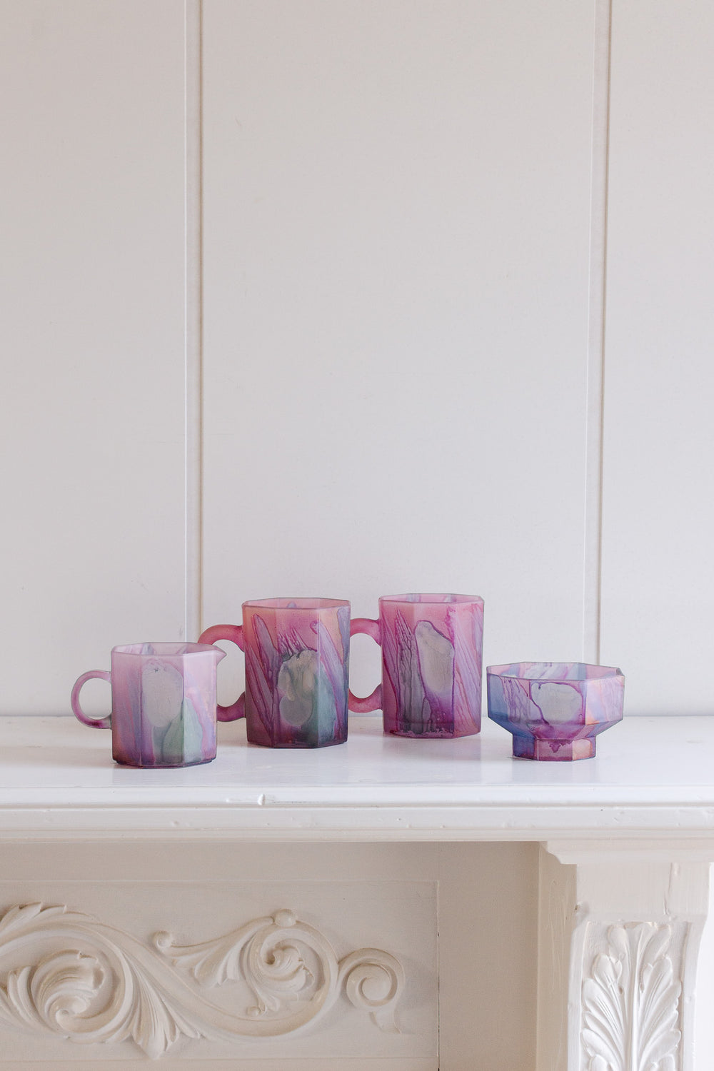 vintage french stamped arcoroc pink "marbled" coffee set