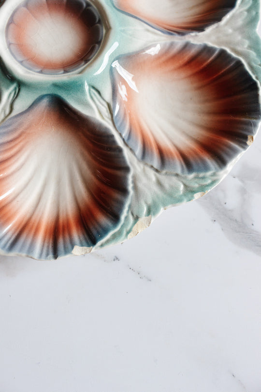 rare 1920s teal and coral Sarreguemines oyster plates, set of 3