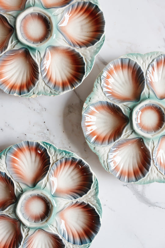 rare 1920s teal and coral Sarreguemines oyster plates, set of 3