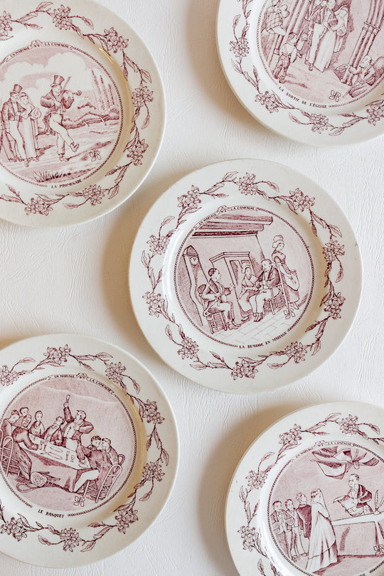 antique french "mariage" talking plates, set of 5