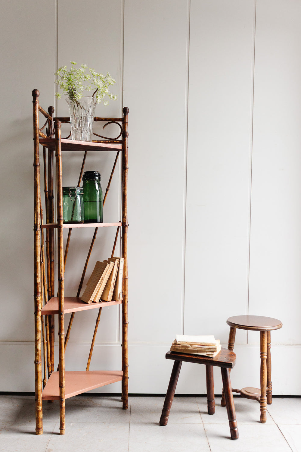 antique french burnt bamboo shelf