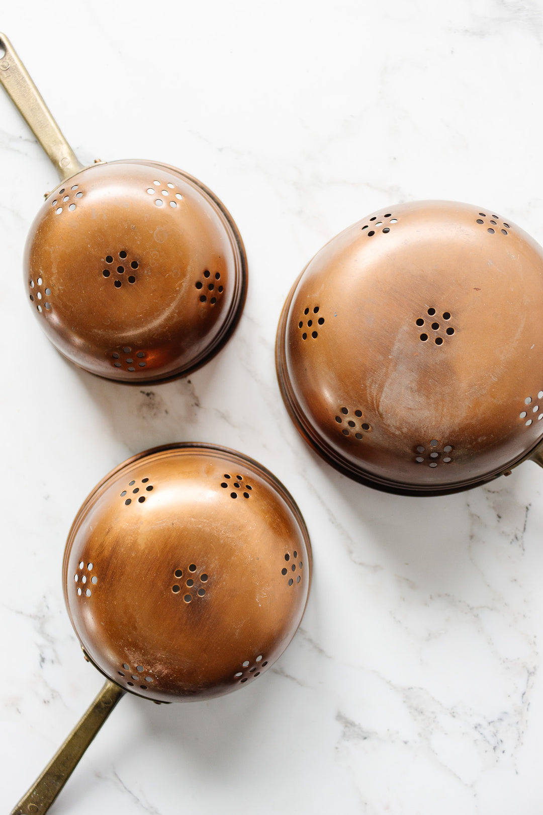 set of 3 vintage french copper colanders