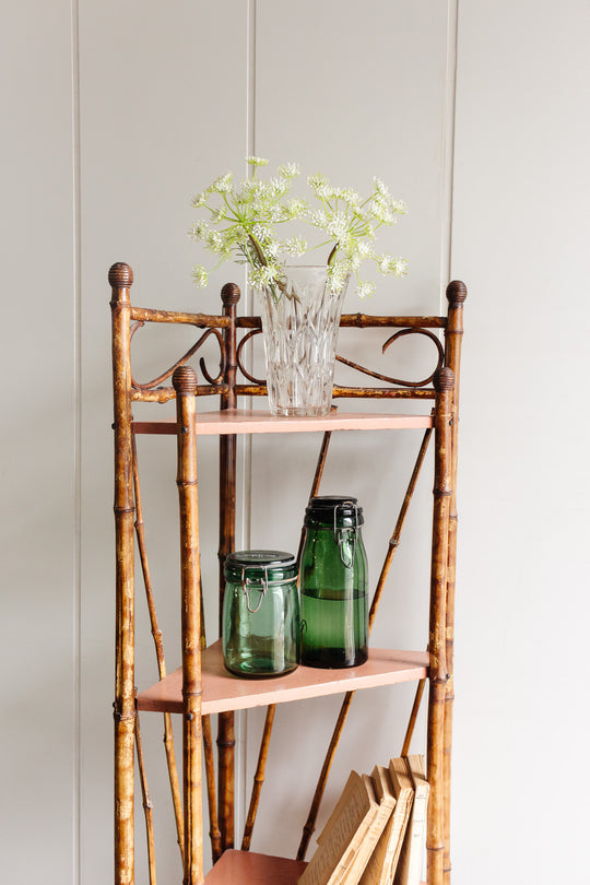 antique french burnt bamboo shelf