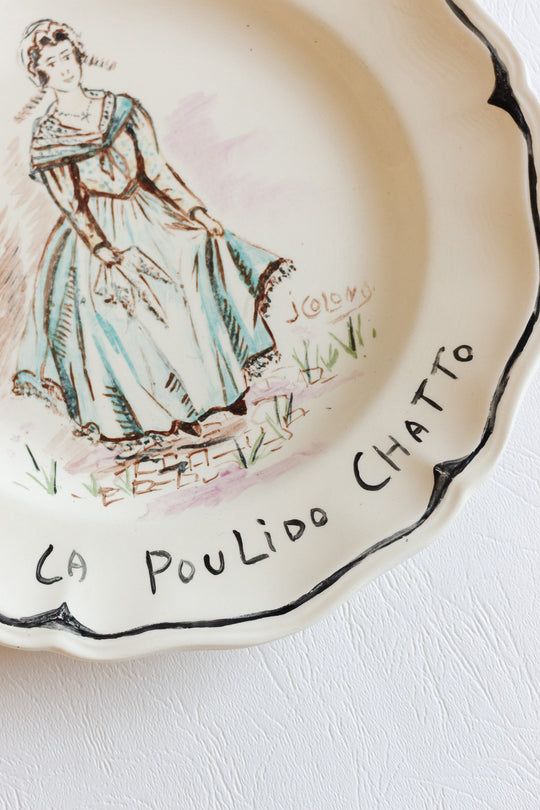 pair of 1920s sarreguemines talking plates, design by j colong