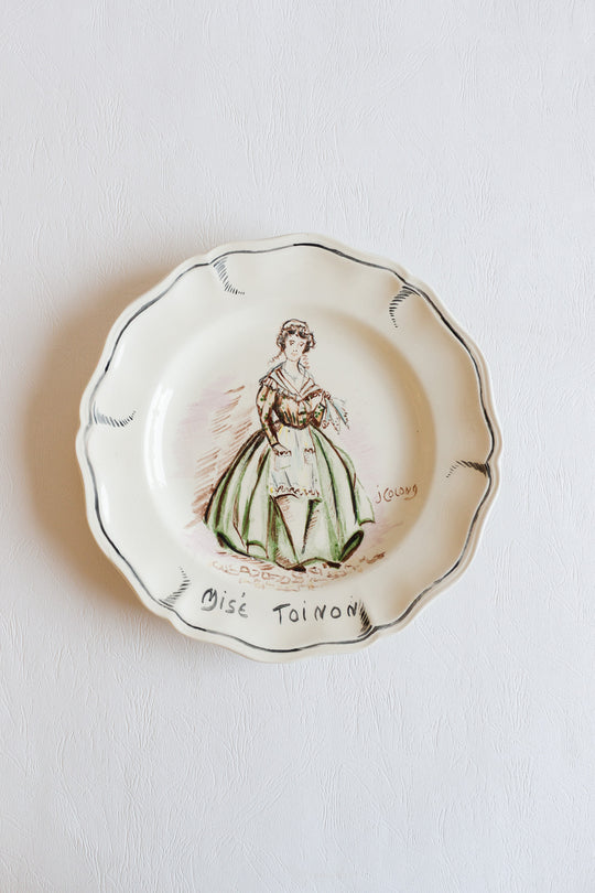pair of 1920s sarreguemines talking plates, design by j colong