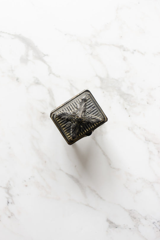 vintage french cast metal casket with tufted ruby cushion