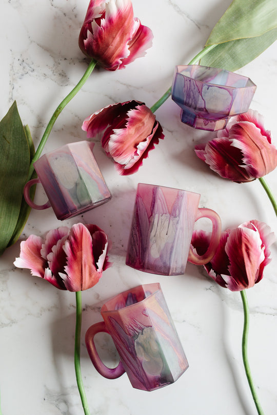 vintage french stamped arcoroc pink "marbled" coffee set