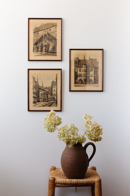 set of 1940s French framed lithographs, “le vieux Mulhouse”