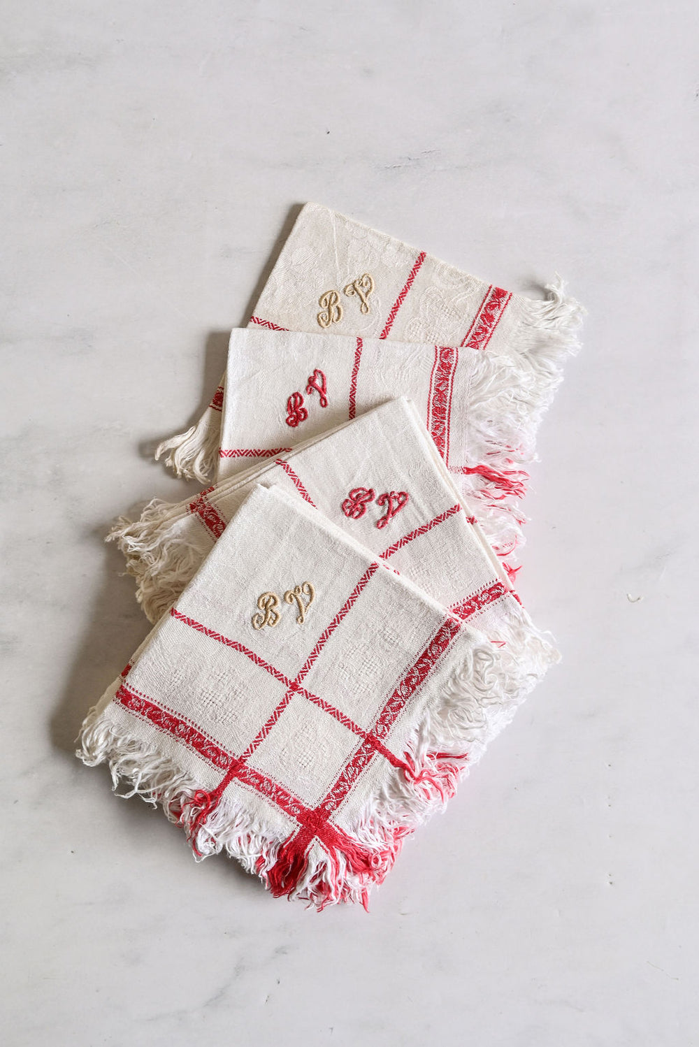 antique french linen damask fringe monogrammed napkins, set of four