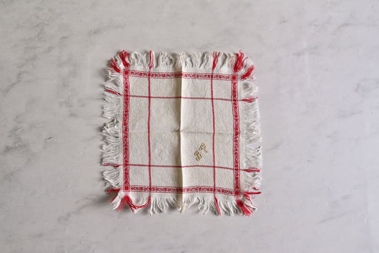 antique french linen damask fringe monogrammed napkins, set of four