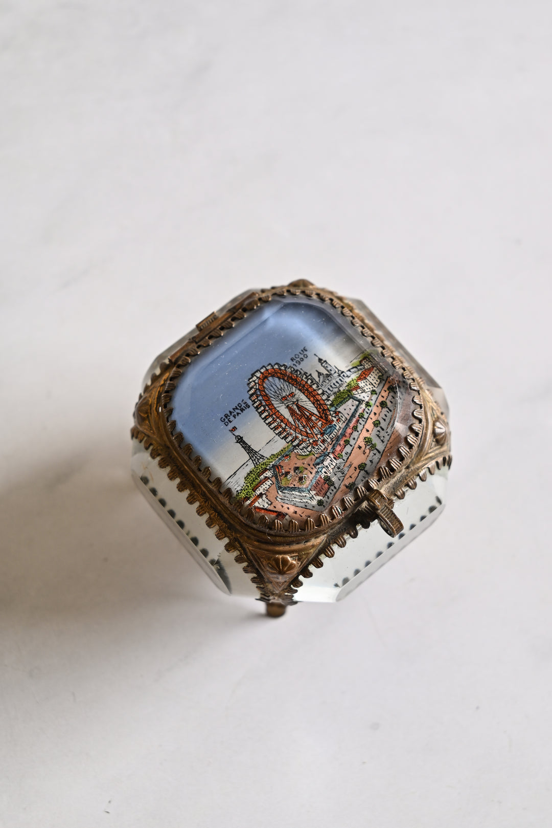 antique french ormolu & beveled glass souvenir bijoux casket,  "grande roue de paris"