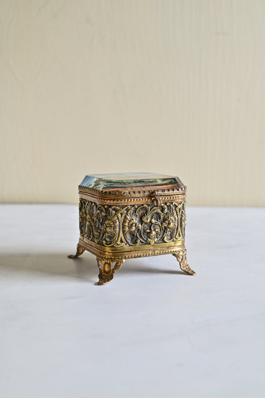 antique french ormolu & beveled glass souvenir bijoux casket, 
"Marseille Longchamp"