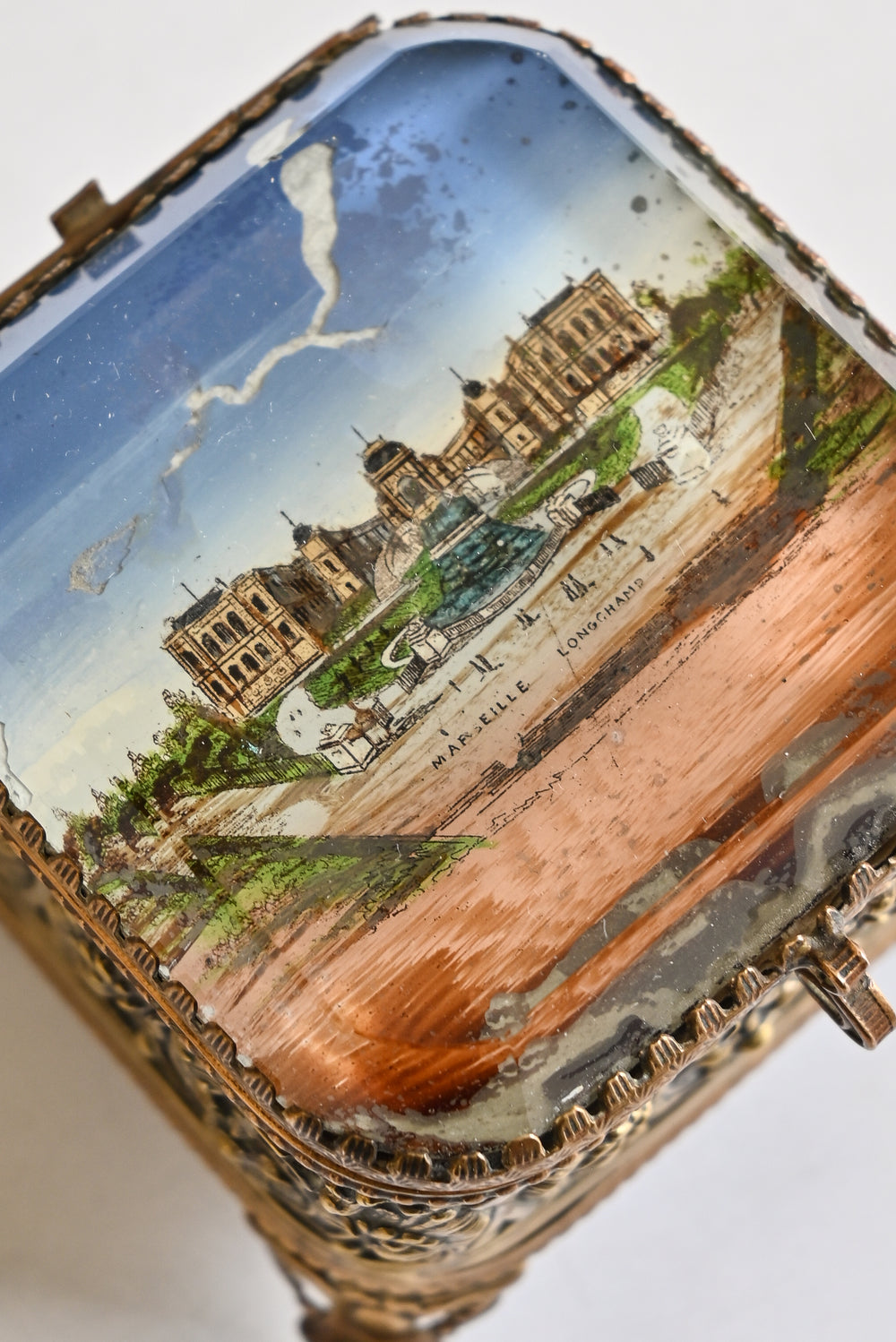 antique french ormolu & beveled glass souvenir bijoux casket, 
"Marseille Longchamp"